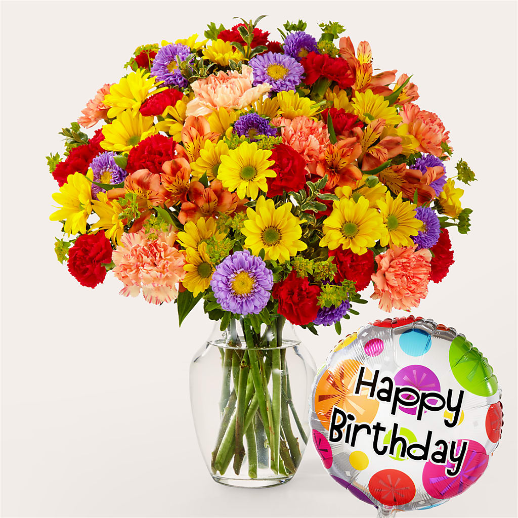 Kaleidoscope Bouquet with Birthday Balloon – Loveland Colorado Flowers, Loveland CO