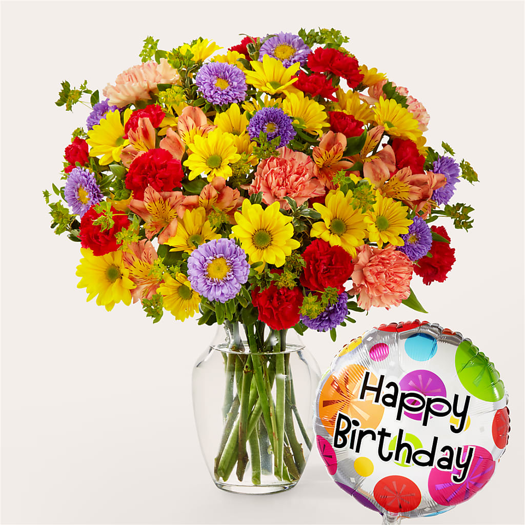 Kaleidoscope Bouquet with Birthday Balloon – Loveland Colorado Flowers, Loveland CO
