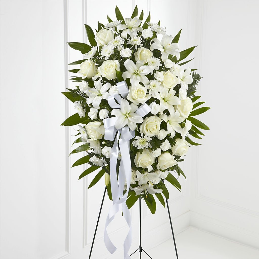 Exquisite Tribute Standing Spray-White Ribbon – Loveland Colorado Flowers, Loveland CO